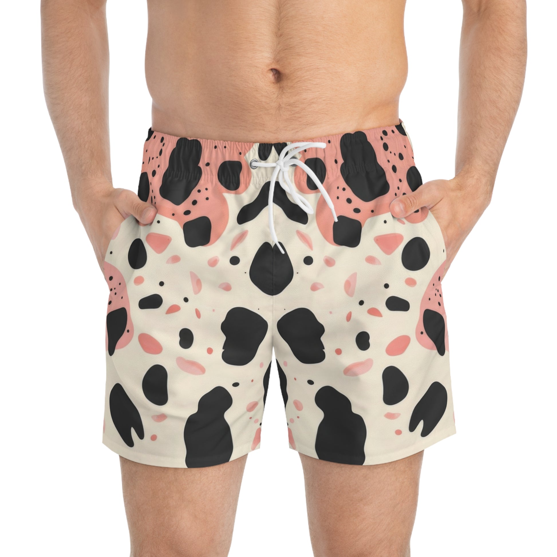 Organic Cow Print Cream and Pink Swim Trunks (AOP), Artsulli - Art is Long, Life is Short, All Over Prints, , , , , , , 