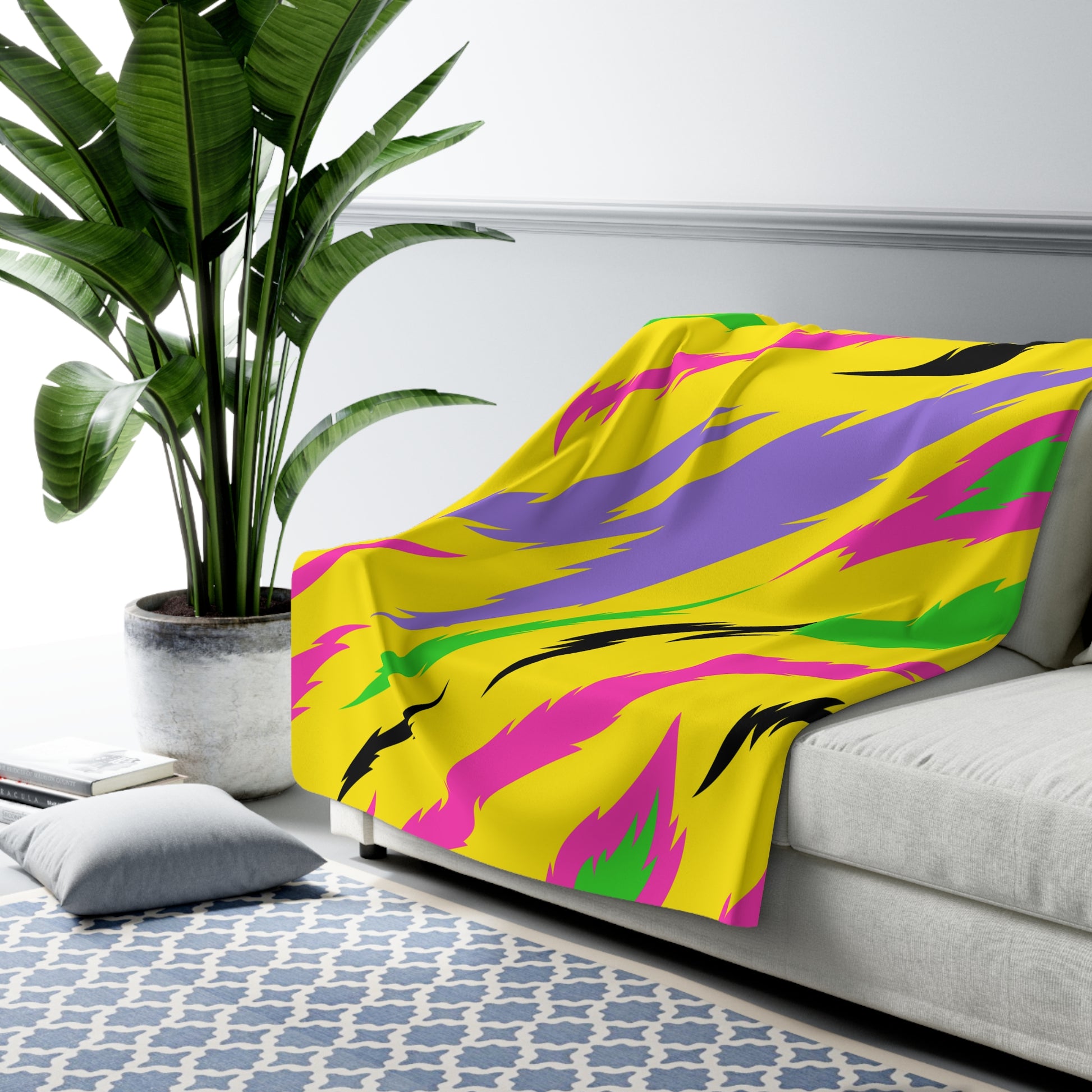 Retro Psychedelic Tiger Stripes Yellow Sherpa Fleece Blanket, Artsulli - Art is Long, Life is Short, Home Decor, , , , , , , 