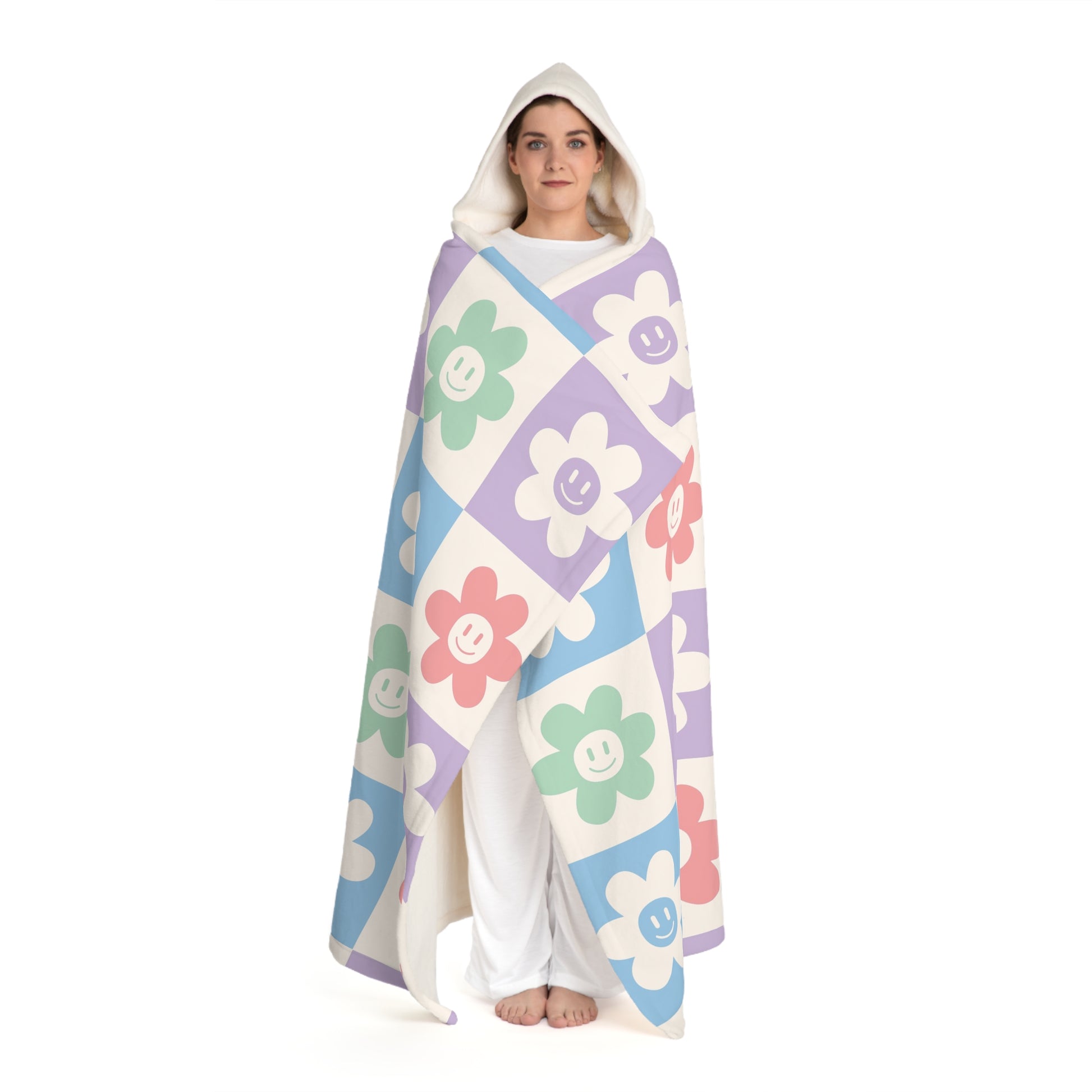 Chessboard x Smiley Face Flowers III Multi-Color Hooded Sherpa Fleece Blanket, Artsulli - Art is Long, Life is Short, All Over Prints, , , , , , , 