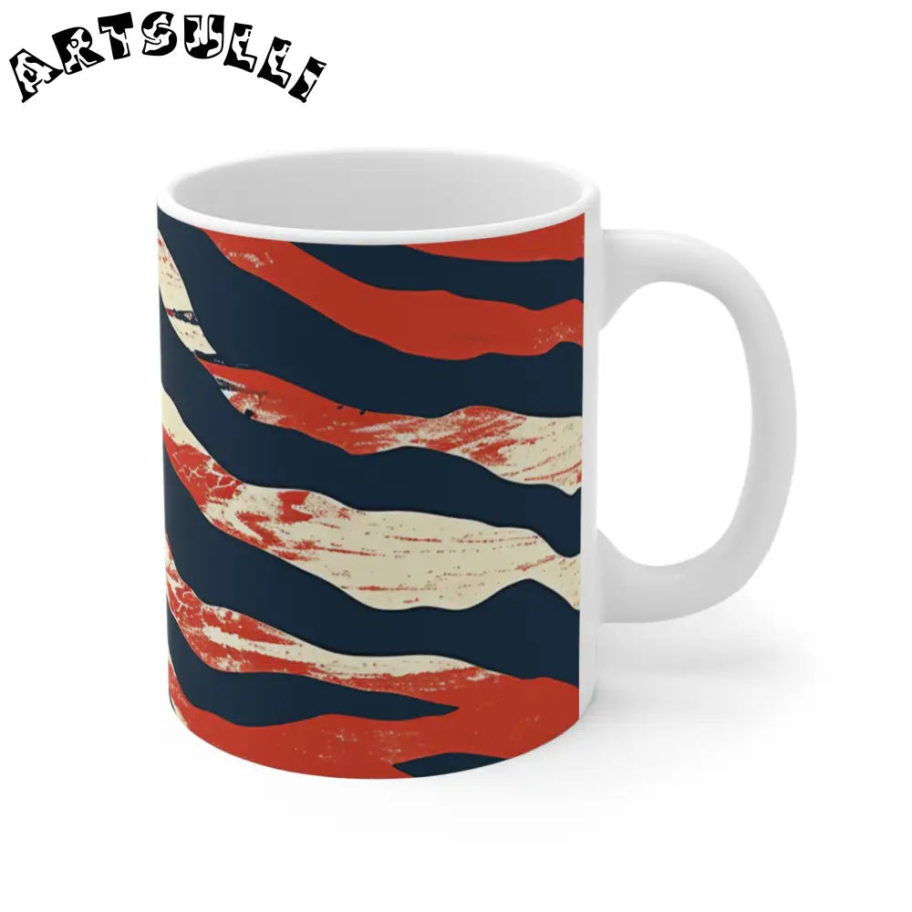 JAKKOUTTHEBXX White Ceramic Mug with Abstract Red Cream and Navy