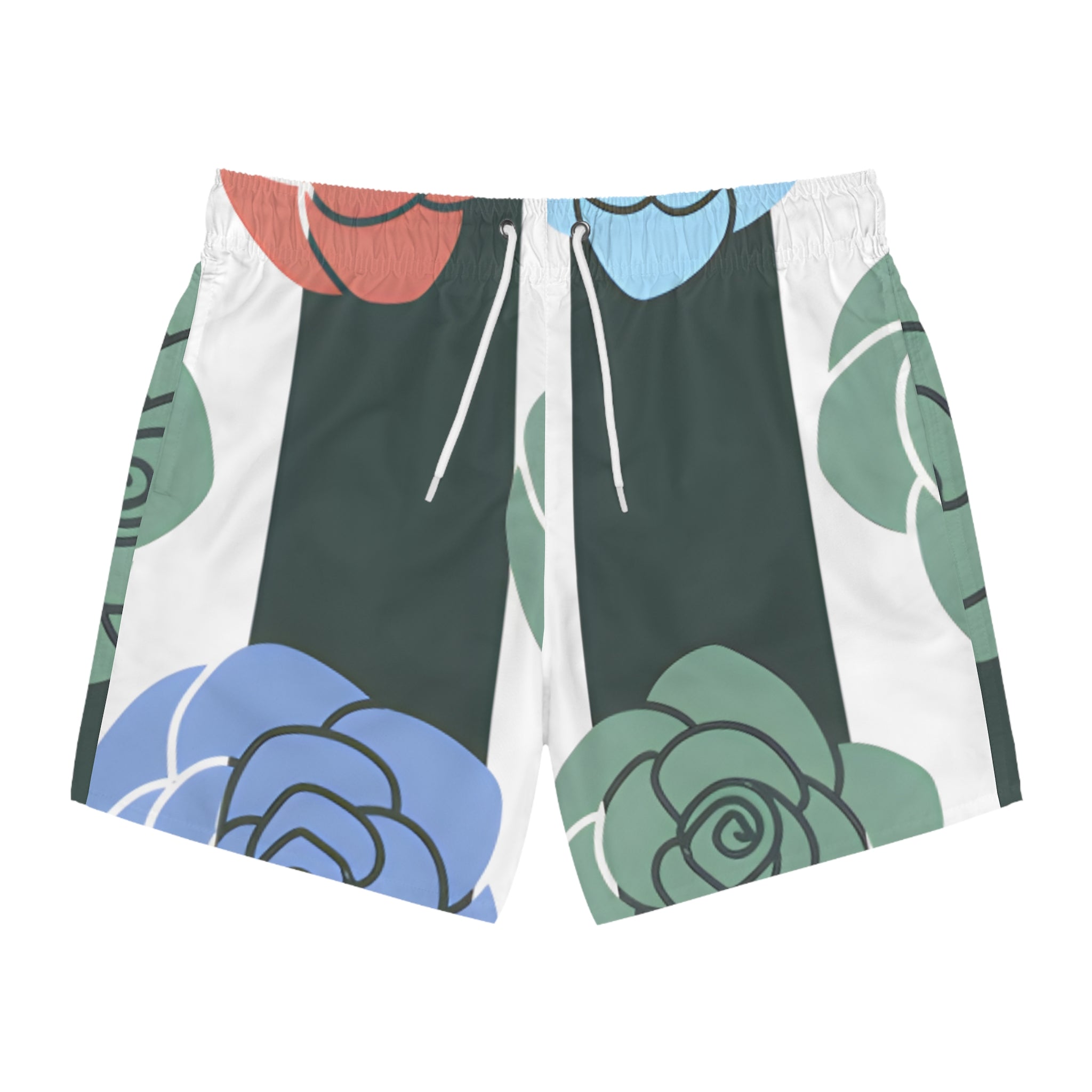 Stripes x Roses Black and White Swim Trunks (AOP), Artsulli - Art is Long, Life is Short, All Over Prints, Size, XS, Color, Seam thread color automatically matched to design, , , 11761948014740