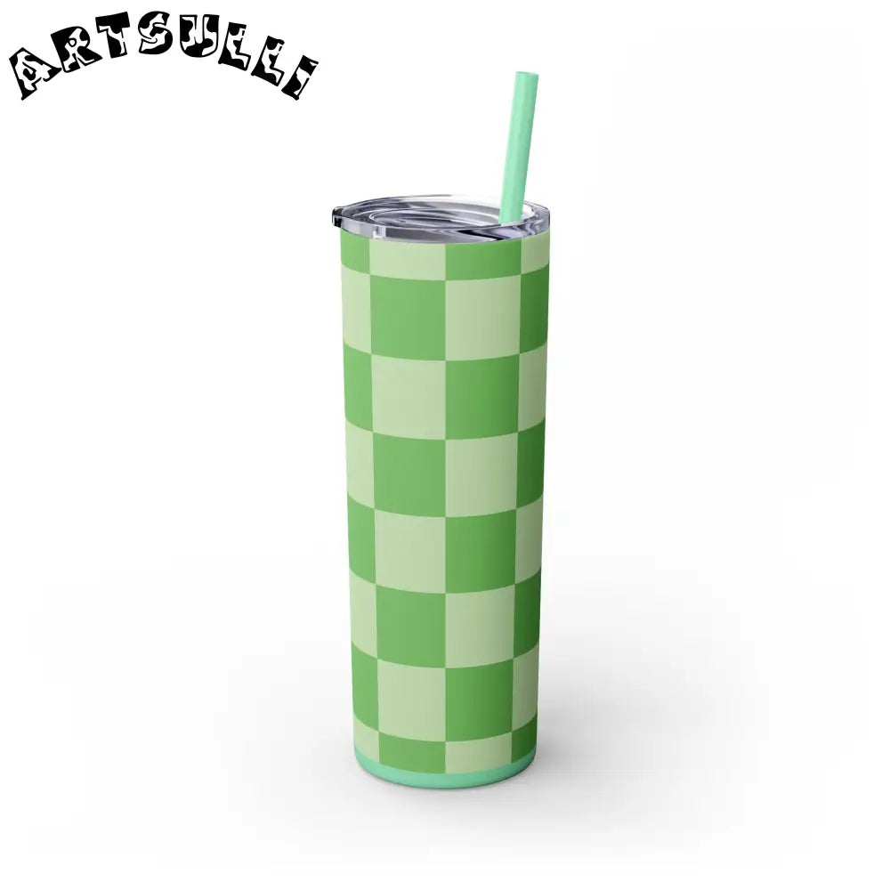 JAKKOUTTHEBXX Checkerboard Green Skinny Tumbler with Straw 20oz