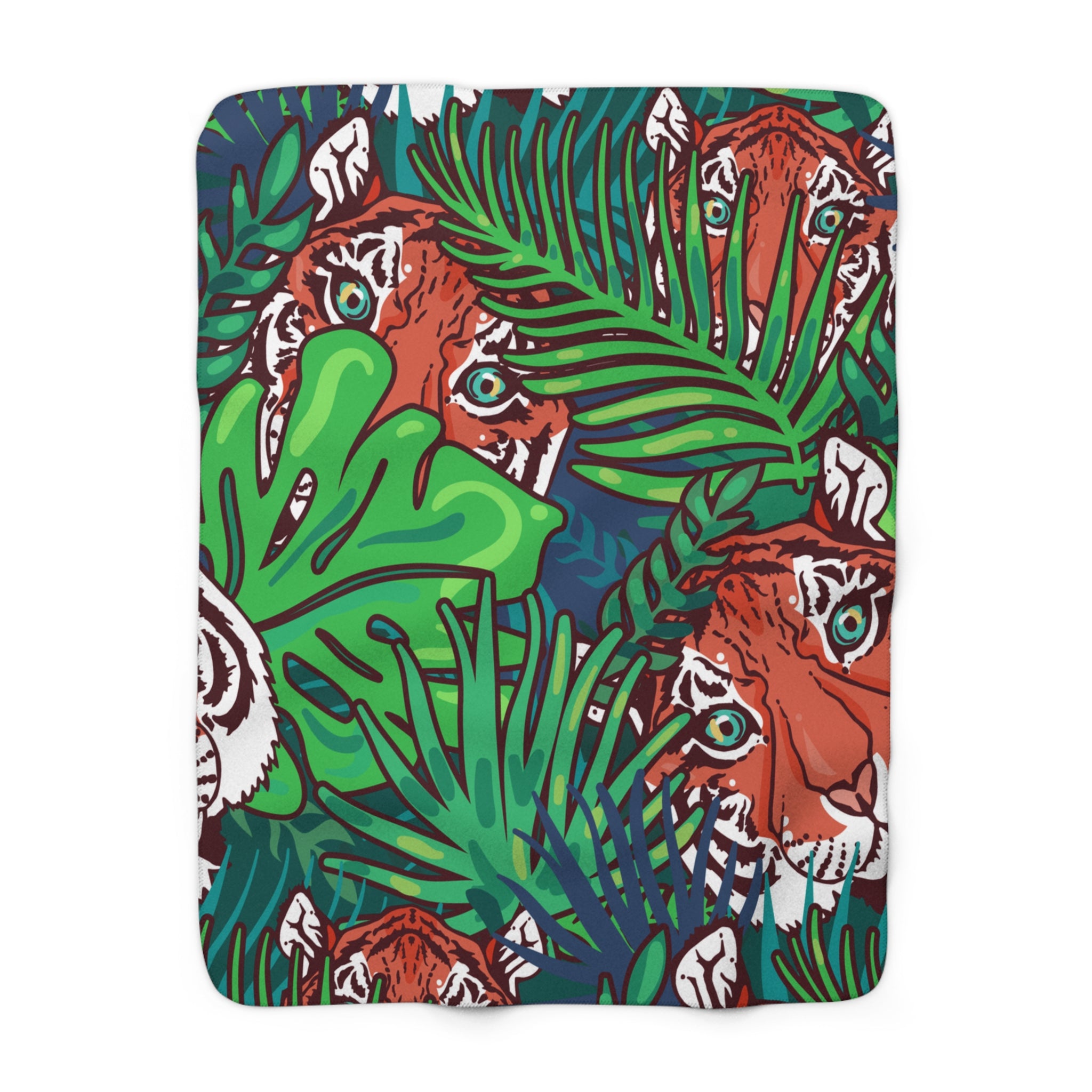 Tropical Jungle Tigers Blue and Green Sherpa Fleece Blanket, Artsulli - Art is Long, Life is Short, Home Decor, Size, 50" × 60", , , , , 14328329260539