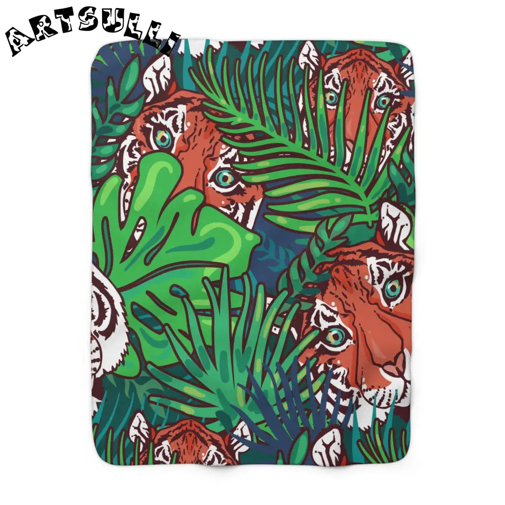 JAKKOUTTHEBXX Tropical Jungle Tigers Blue and Green Sherpa Fleece