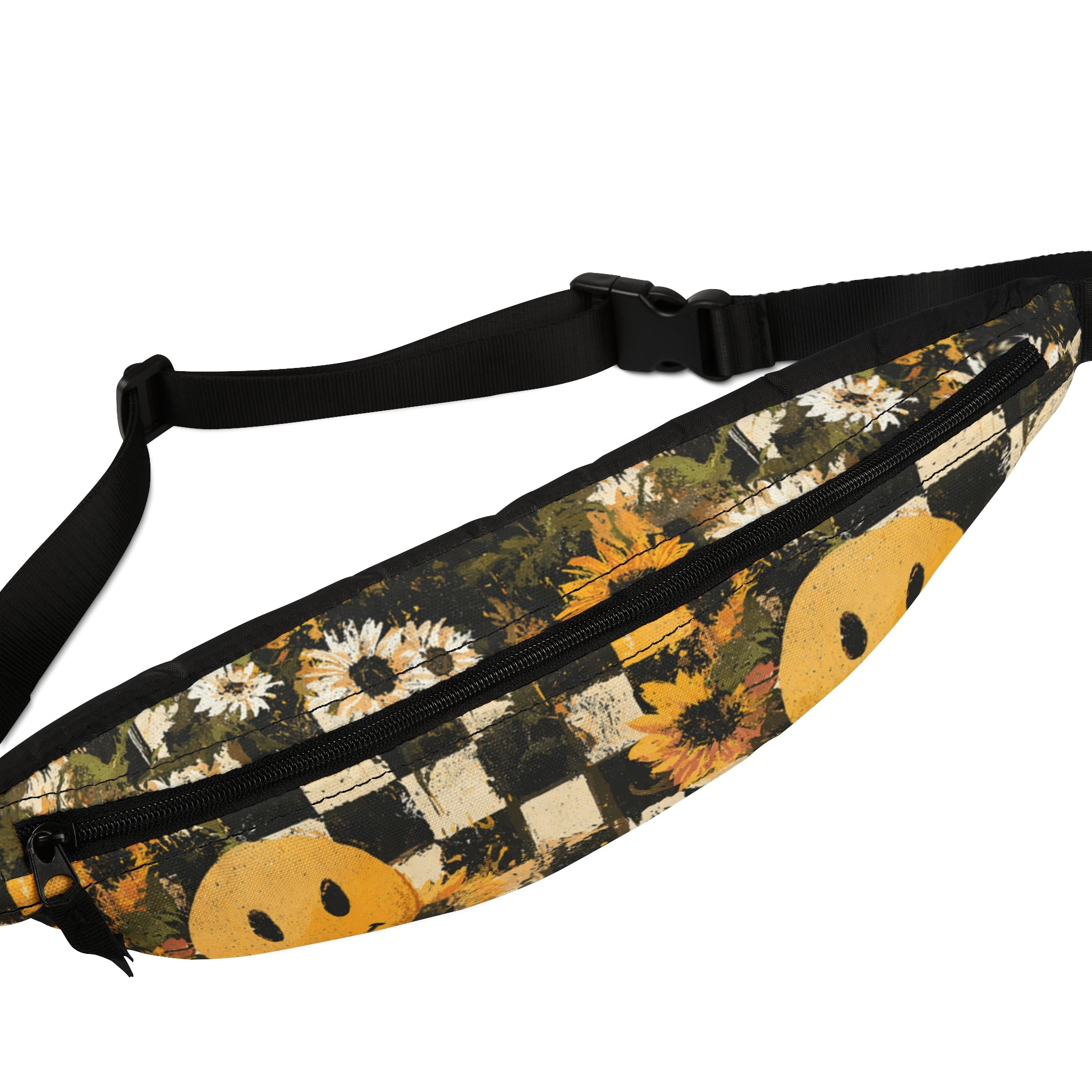 Smiley Face x Checkerboard x Sunflowers x Trippy x Vintage Black and Yellow Fanny Pack, Artsulli - Art is Long, Life is Short, Bags, , , , , , , 