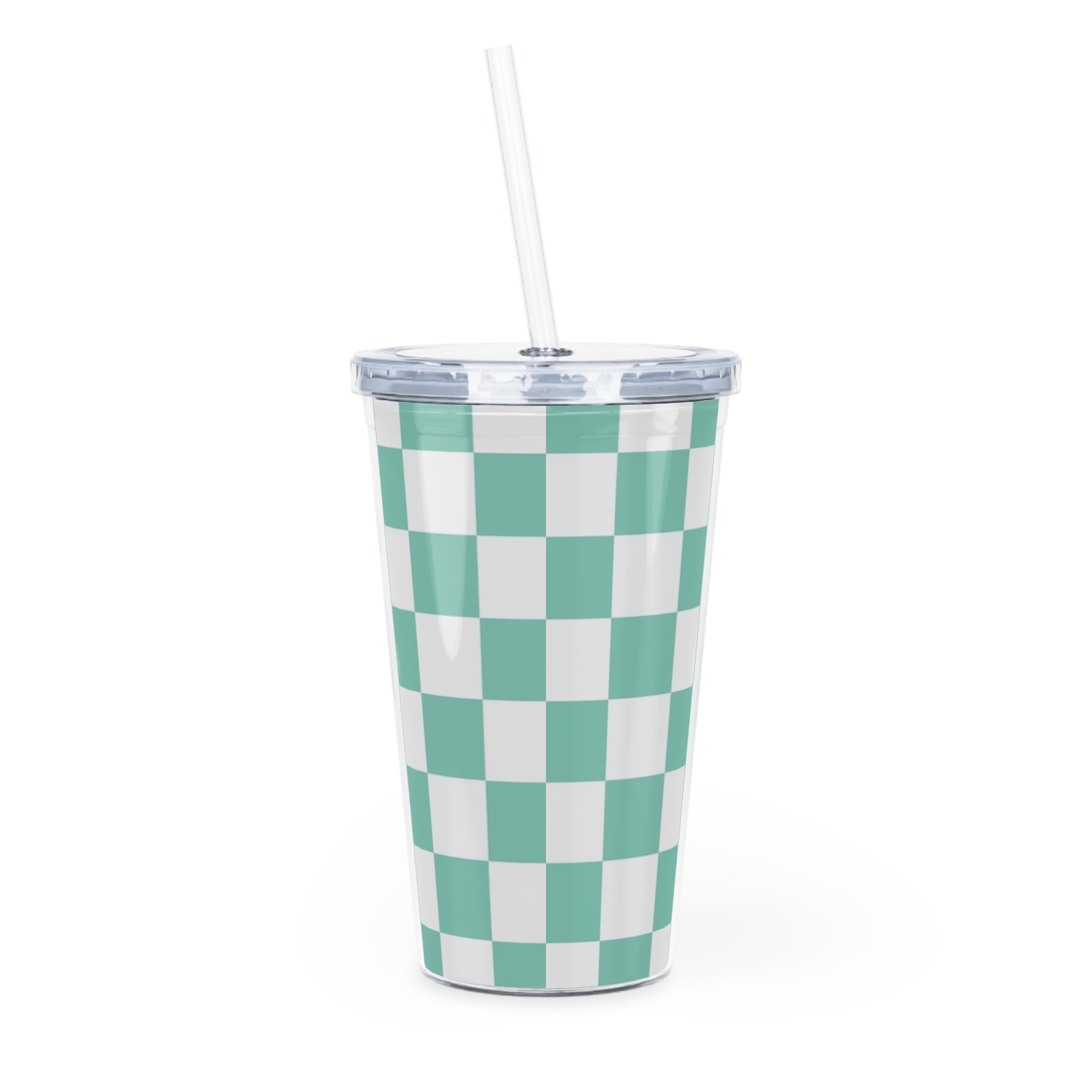 Checkerboard Light Green Plastic Tumbler with Straw, Artsulli - Art is Long, Life is Short, Mug, , , , , , , 