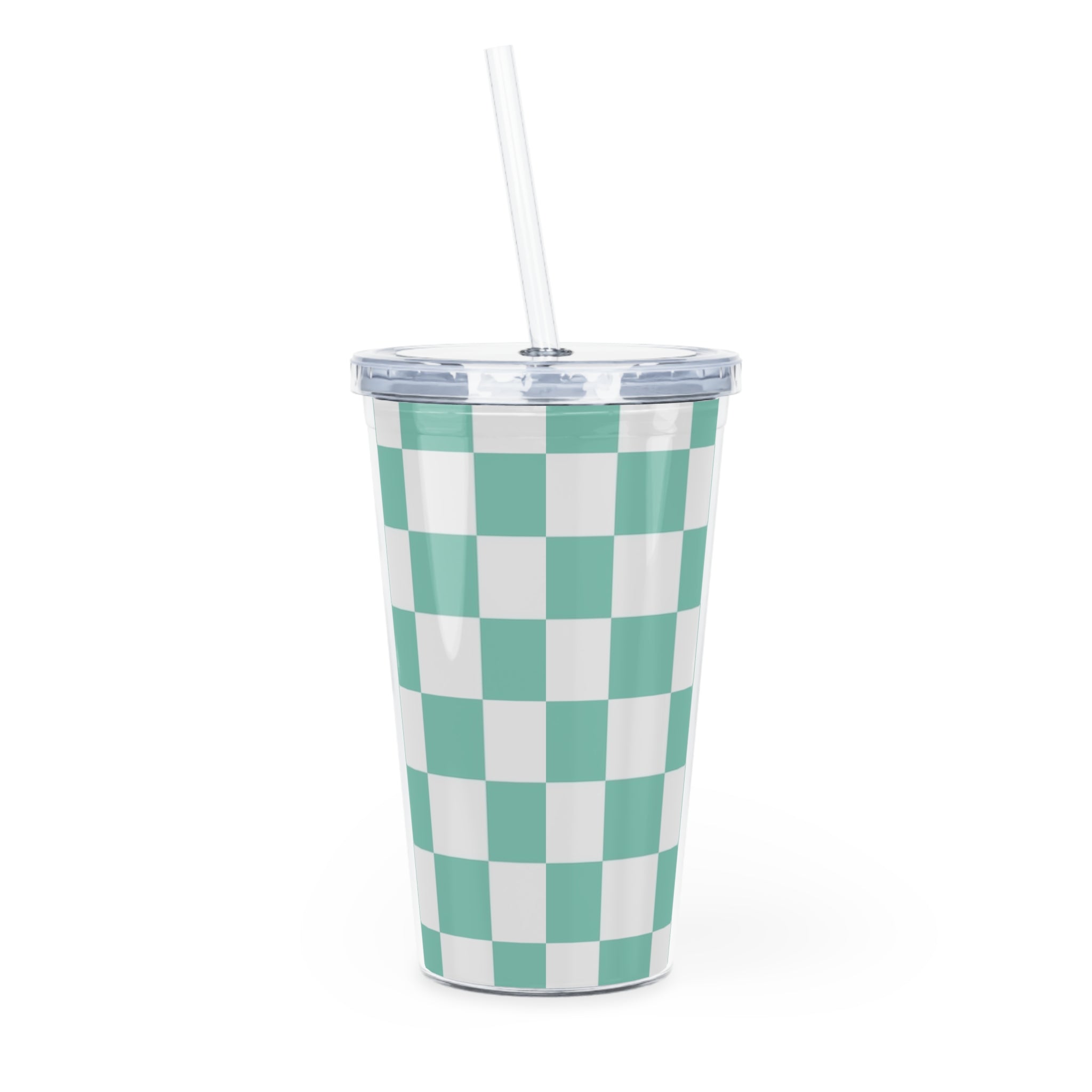 Checkerboard Light Green Plastic Tumbler with Straw, Artsulli - Art is Long, Life is Short, Mug, , , , , , , 