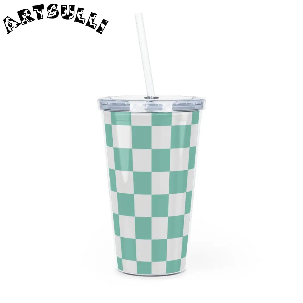 JAKKOUTTHEBXX Checkerboard Light Green Plastic Tumbler with Straw