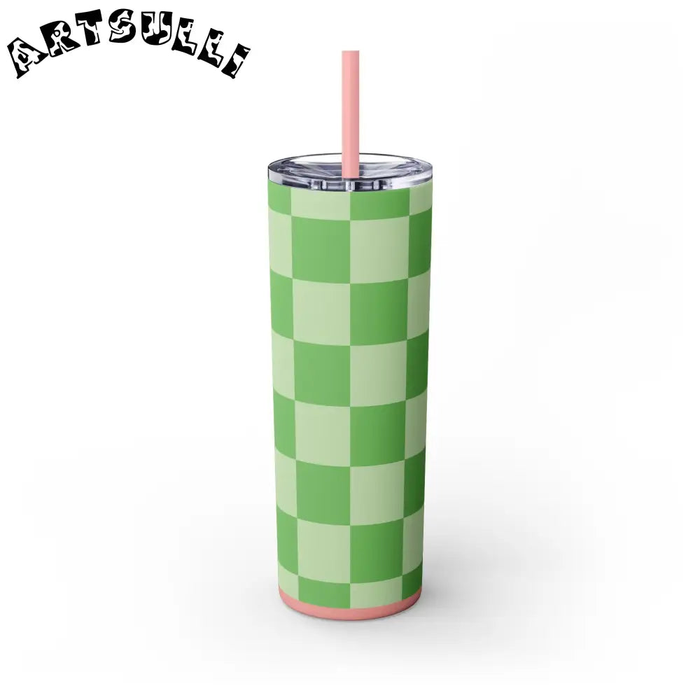 JAKKOUTTHEBXX Checkerboard Green Skinny Tumbler with Straw 20oz