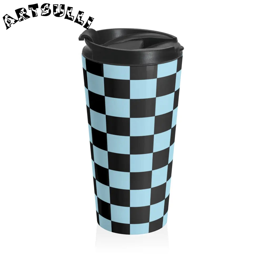 JAKKOUTTHEBXX Checkerboard Black and Blue Stainless Steel Travel Mug