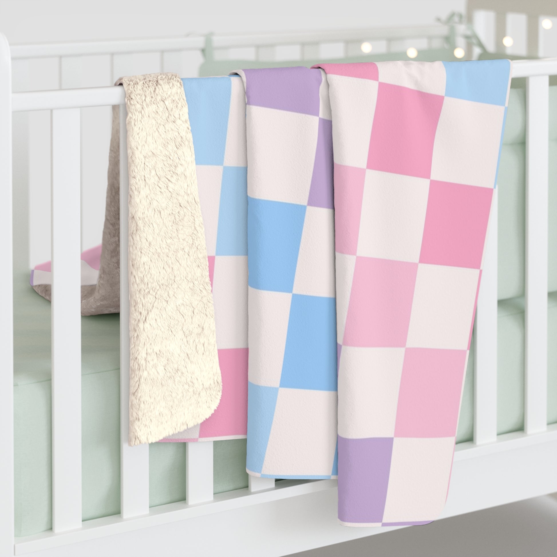 Checkerboard Pink and Blue Sherpa Fleece Blanket, Artsulli - Art is Long, Life is Short, Home Decor, , , , , , , 