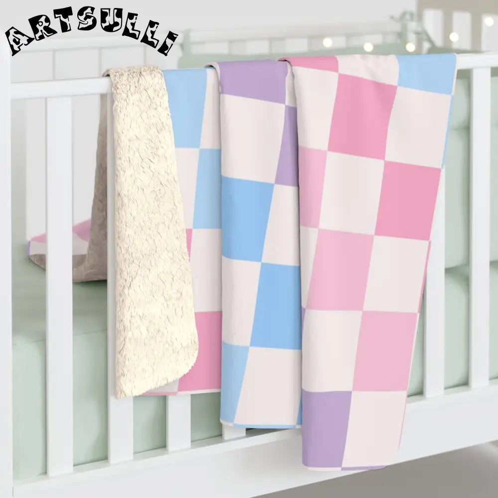 JAKKOUTTHEBXX Checkerboard Pink and Blue Sherpa Fleece Blanket