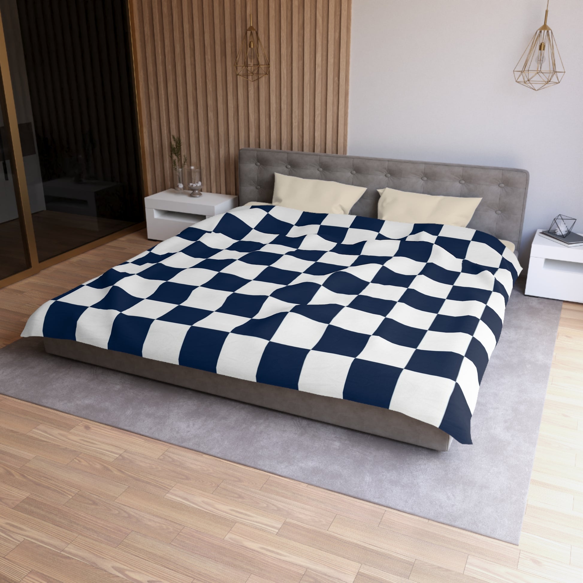 Checkerboard White and Navy Blue Microfiber Duvet Cover, Artsulli - Art is Long, Life is Short, Home Decor, , , , , , , 