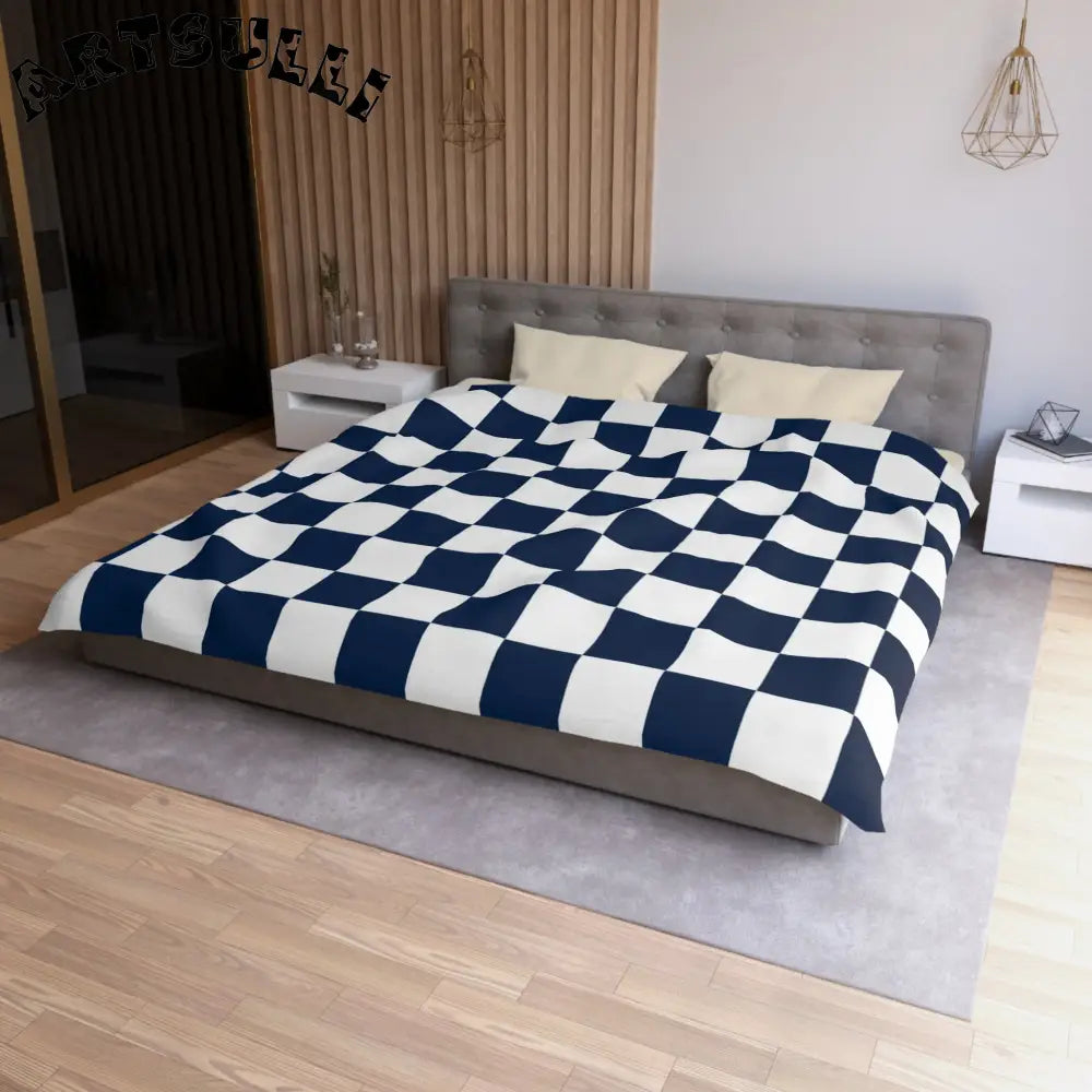 JAKKOUTTHEBXX Checkerboard White and Navy Blue Microfiber Duvet