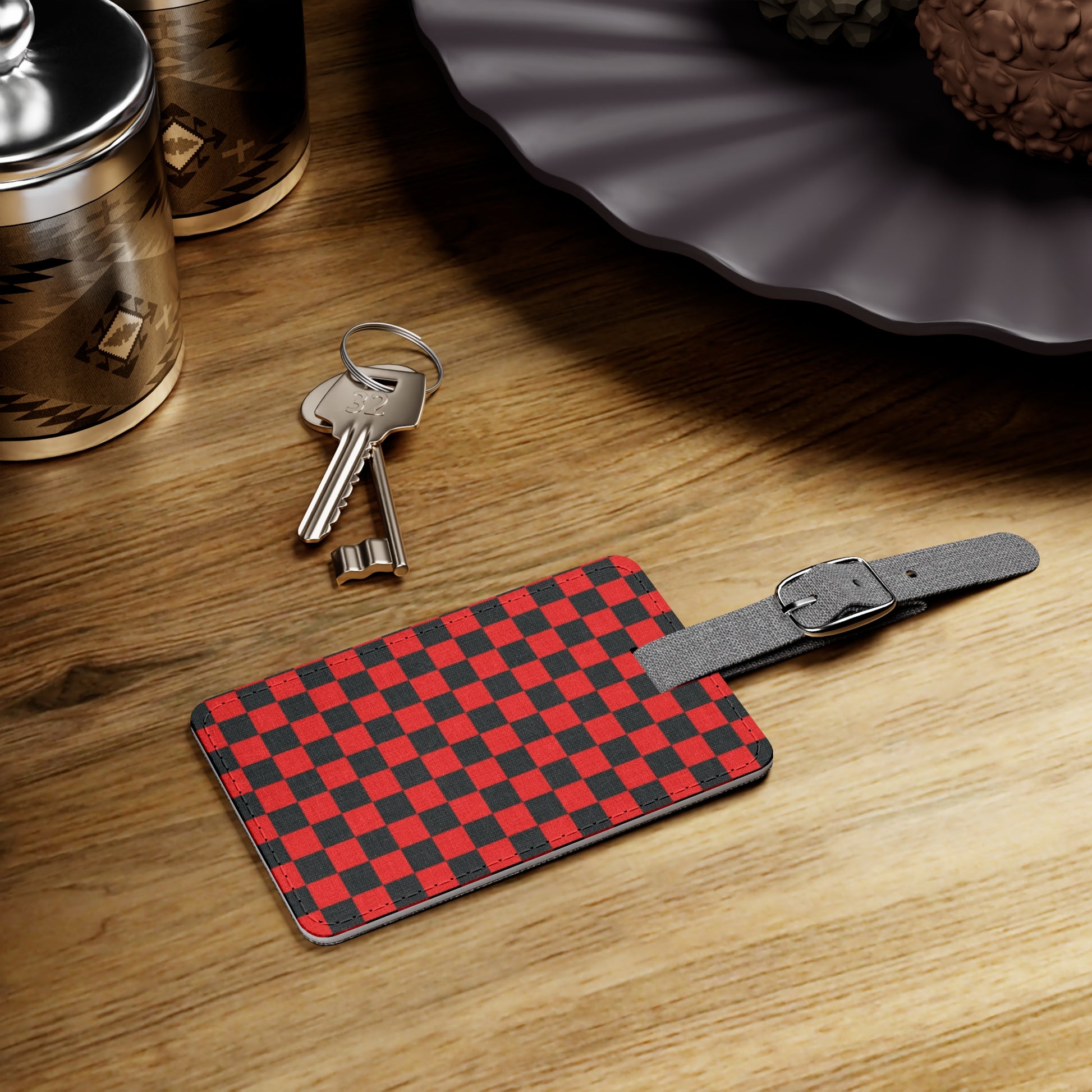 Checkerboard Red and Black Saffiano Polyester Luggage Tag, Rectangle, Artsulli - Art is Long, Life is Short, Accessories, , , , , , , 