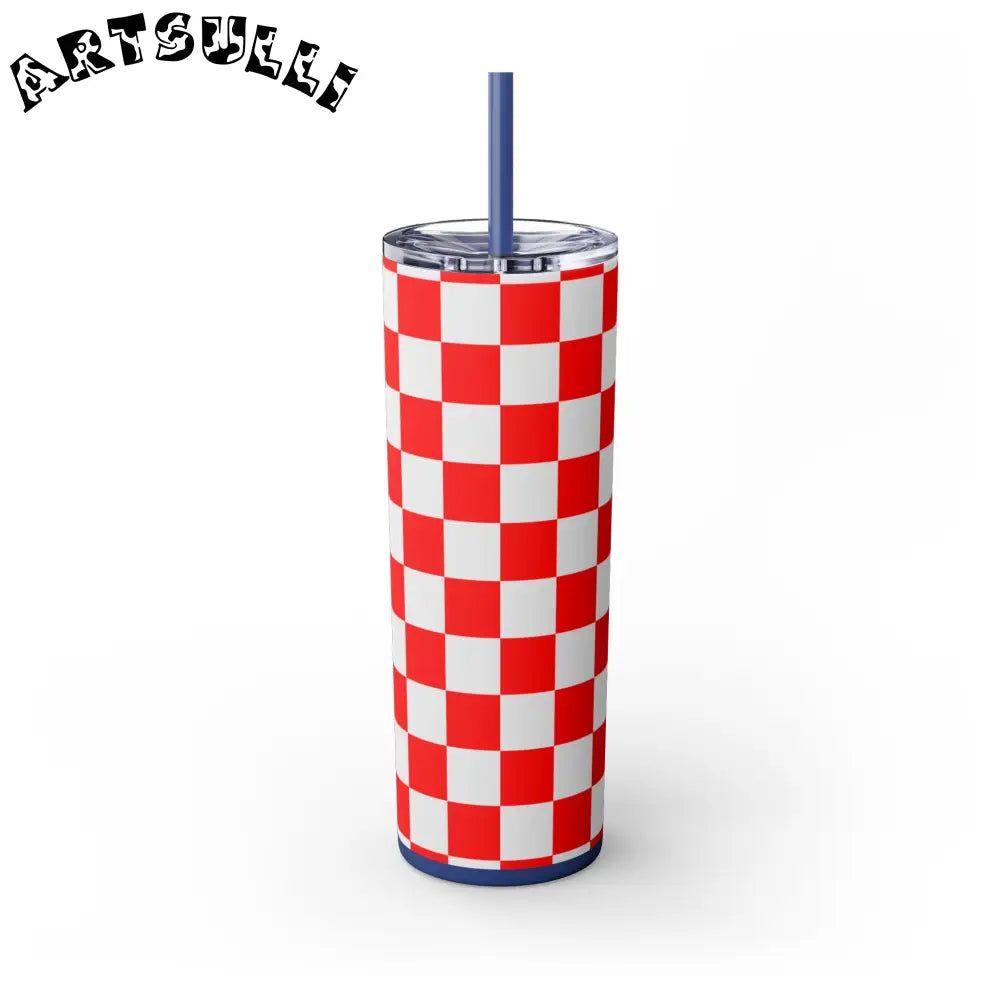 JAKKOUTTHEBXX Checkerboard Red and White Skinny Tumbler with Straw