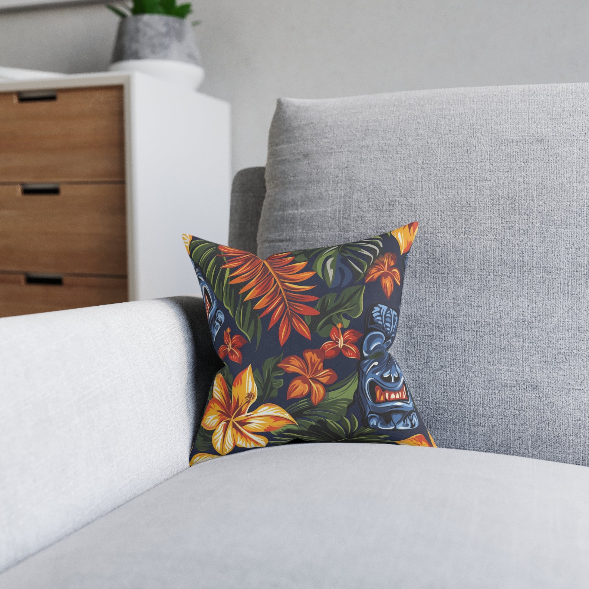 Tiki Bloom Navy Square Pillow, Artsulli - Art is Long, Life is Short, Home Decor, , , , , , , 
