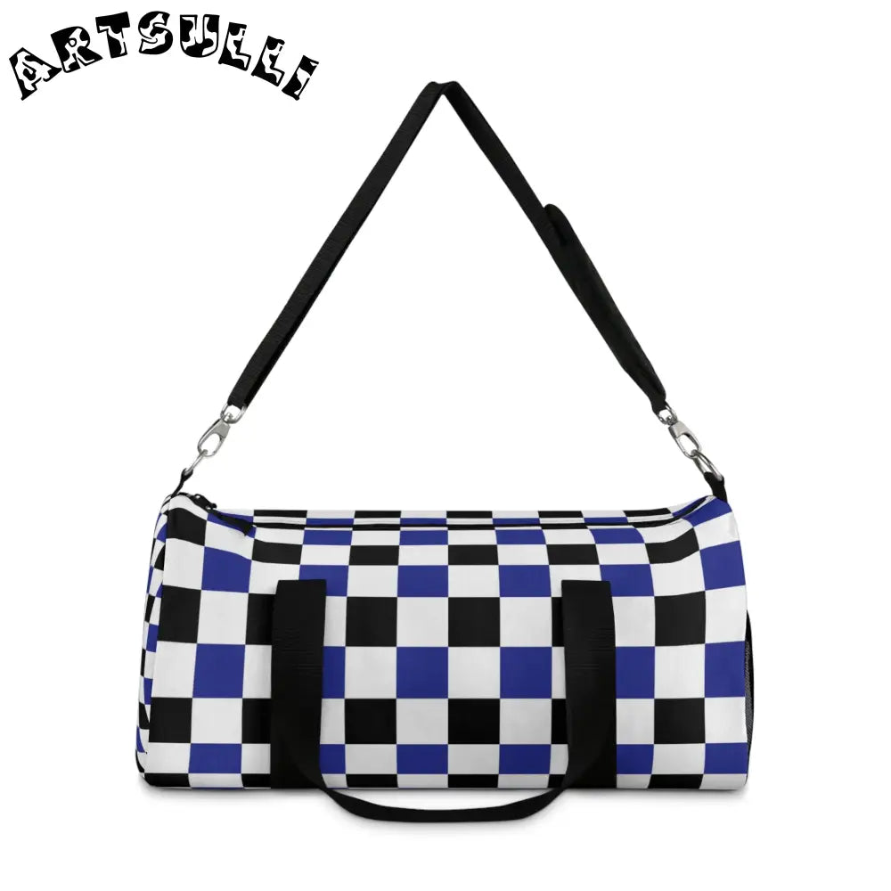 JAKKOUTTHEBXX Checkerboard Blue White and Black Duffel Bag