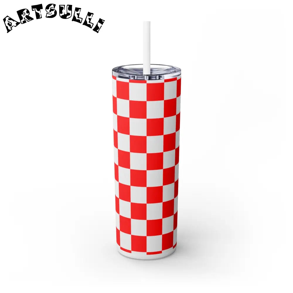 JAKKOUTTHEBXX Checkerboard Red and White Skinny Tumbler with Straw