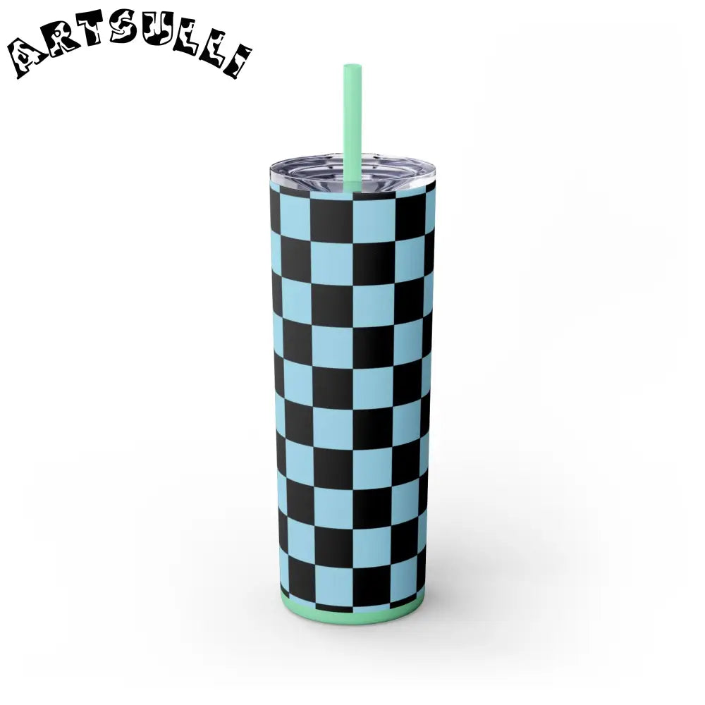 JAKKOUTTHEBXX Checkerboard Black and Blue Skinny Tumbler with Straw