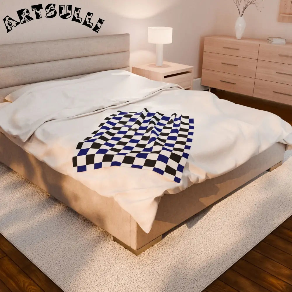 JAKKOUTTHEBXX Checkerboard Blue White and Black Velveteen Plush