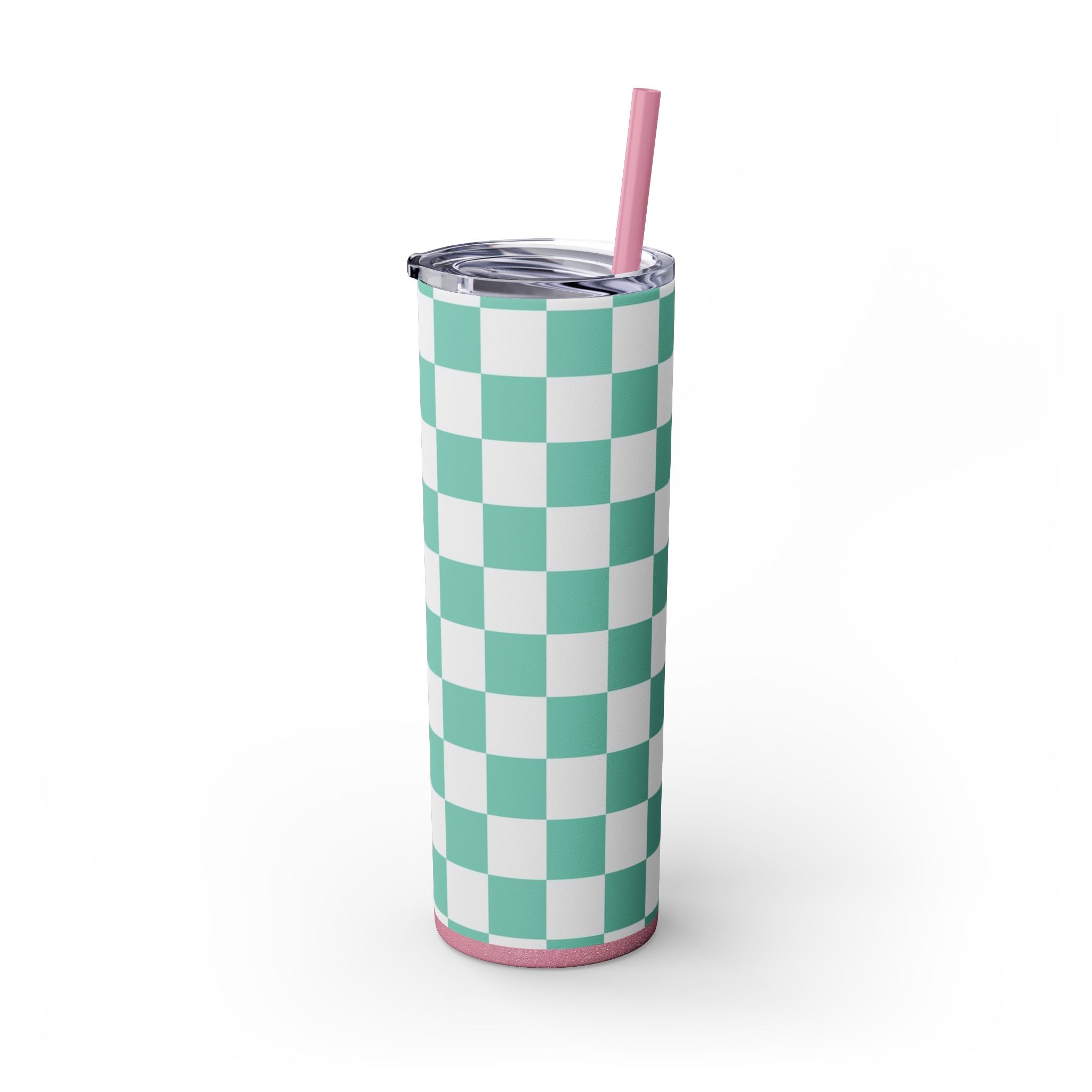 Checkerboard Light Green Skinny Tumbler with Straw, 20oz, Artsulli - Art is Long, Life is Short, Mug, , , , , , , 