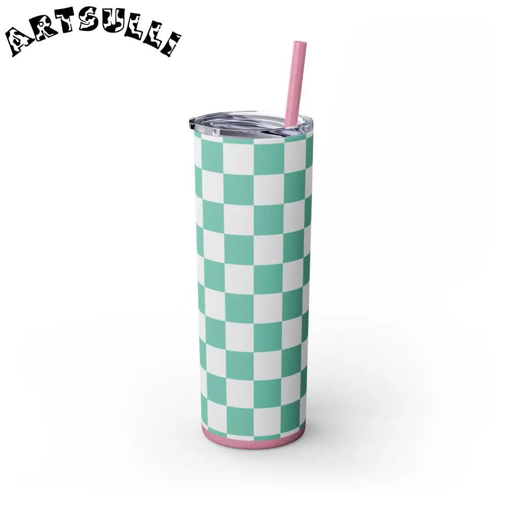 JAKKOUTTHEBXX Checkerboard Light Green Skinny Tumbler with Straw