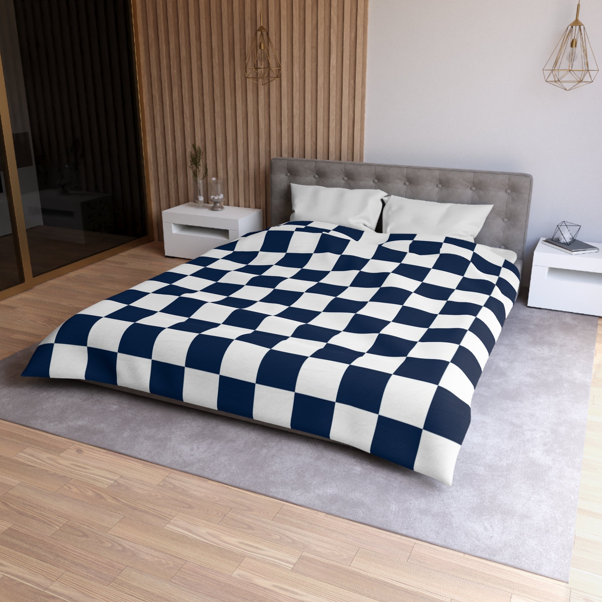 Checkerboard White and Navy Blue Microfiber Duvet Cover, Artsulli - Art is Long, Life is Short, Home Decor, , , , , , , 