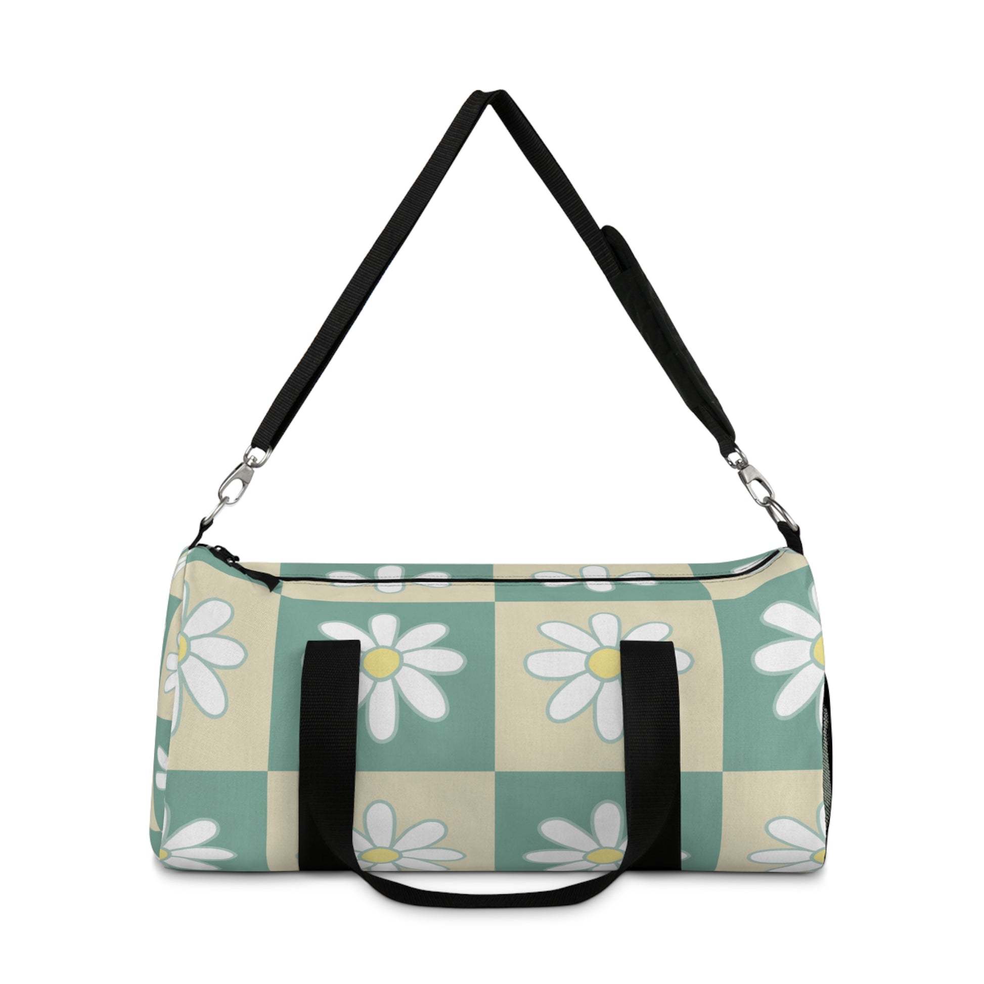 Retro Daisy Checkerboard Green and Tan Duffel Bag, Artsulli - Art is Long, Life is Short, Bags, , , , , , , 