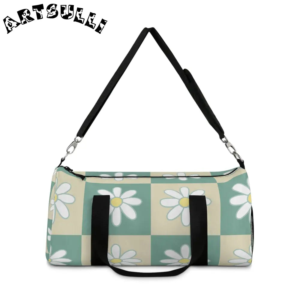 JAKKOUTTHEBXX Retro Daisy Checkerboard Green and Tan Duffel Bag