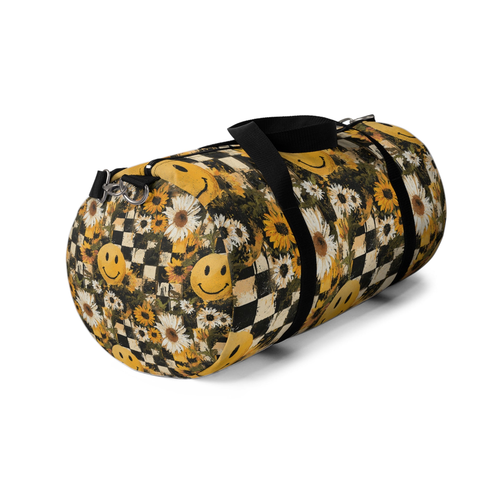 Smiley Face x Checkerboard x Sunflowers x Trippy x Vintage II Black and Yellow Duffel Bag, Artsulli - Art is Long, Life is Short, Bags, , , , , , , 