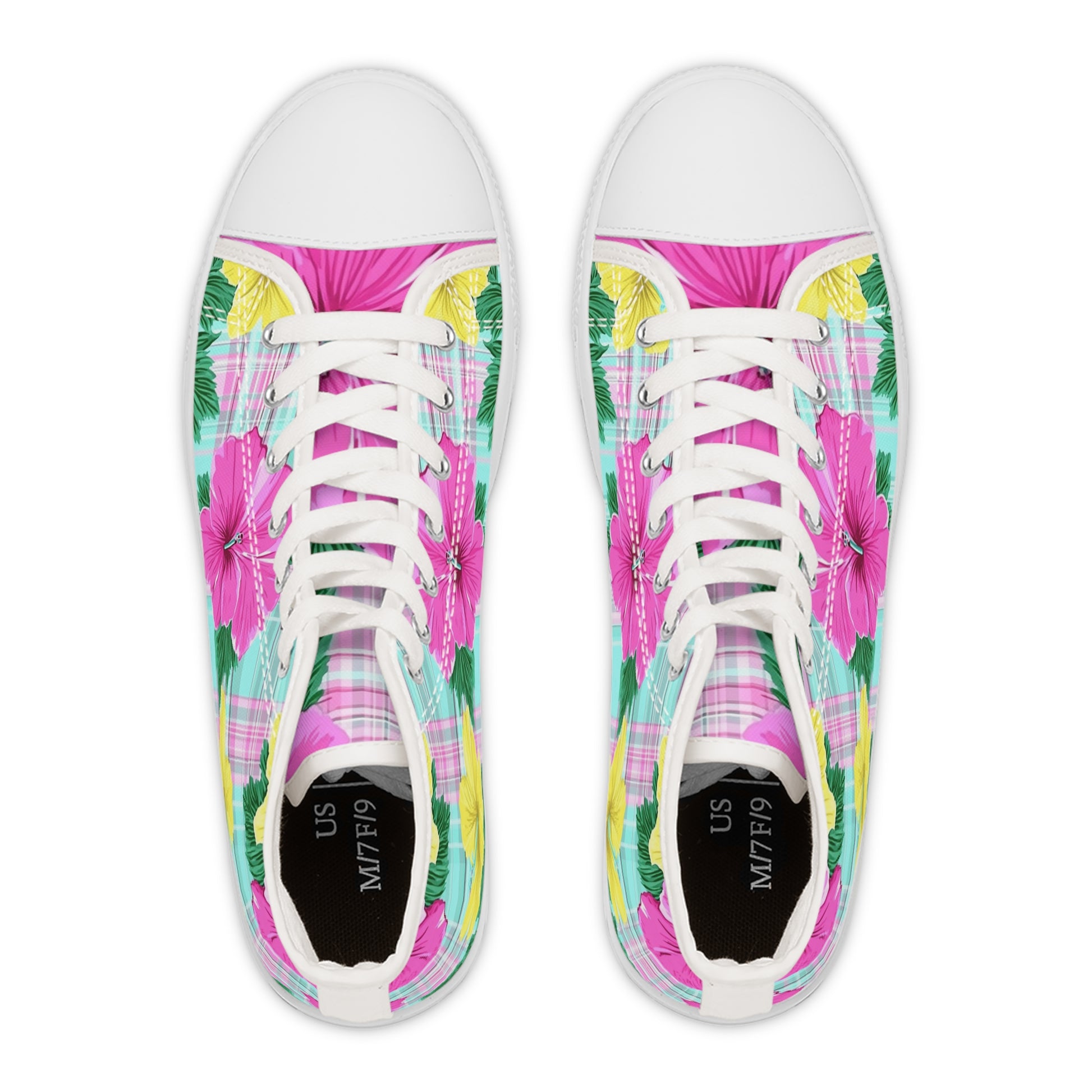 Plaid Hibiscus Pink and Yellow Women's High Top Sneakers, Artsulli - Art is Long, Life is Short, Shoes, , , , , , , 