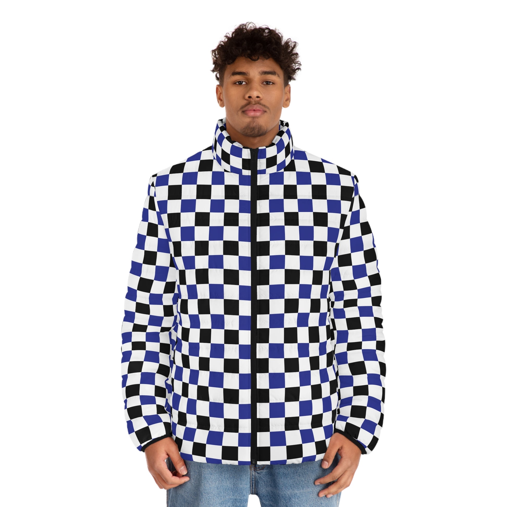 Checkerboard Blue White and Black Men's Puffer Jacket (AOP), Artsulli - Art is Long, Life is Short, All Over Prints, , , , , , , 