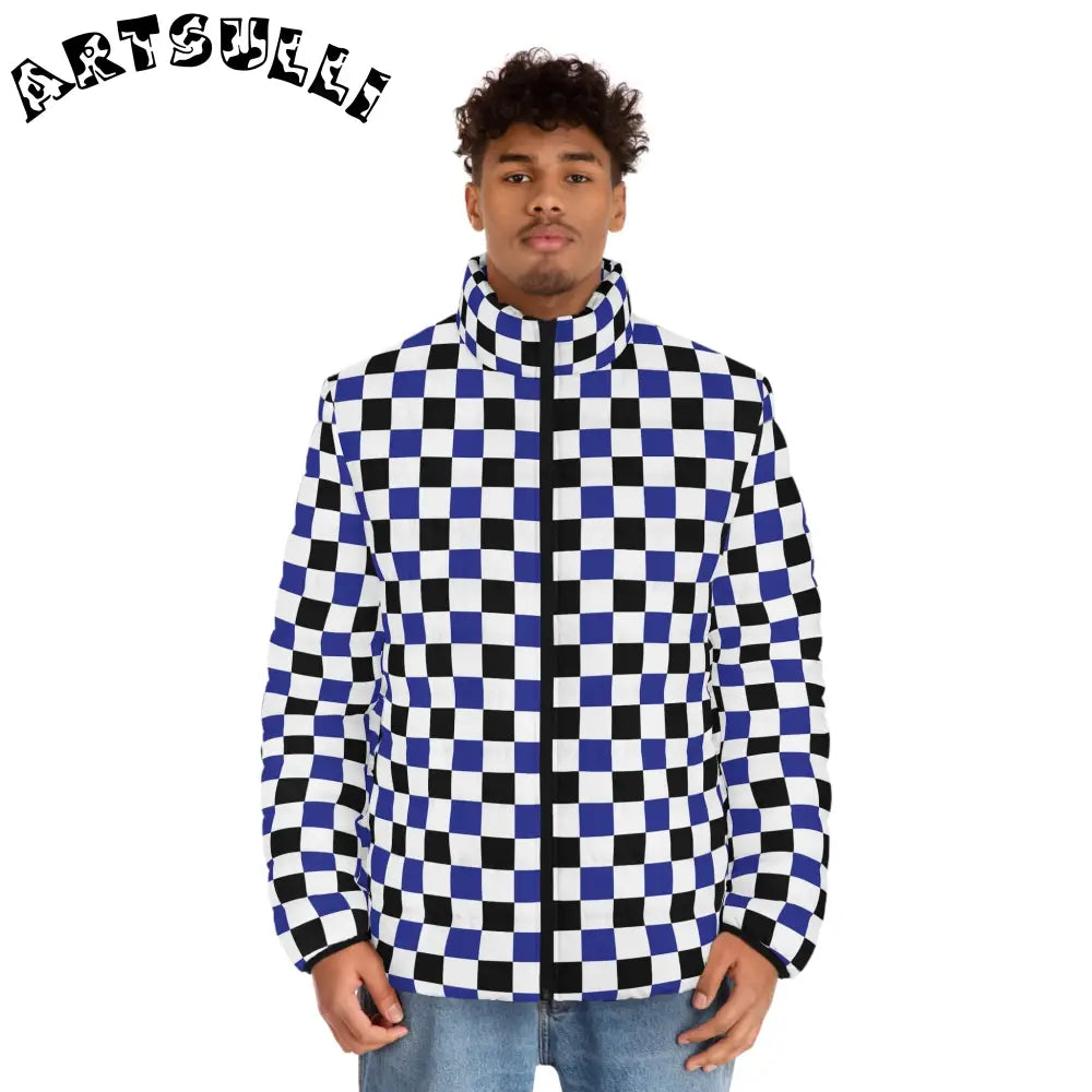 JAKKOUTTHEBXX Checkerboard Blue White and Black Men’s Puffer Jacket
