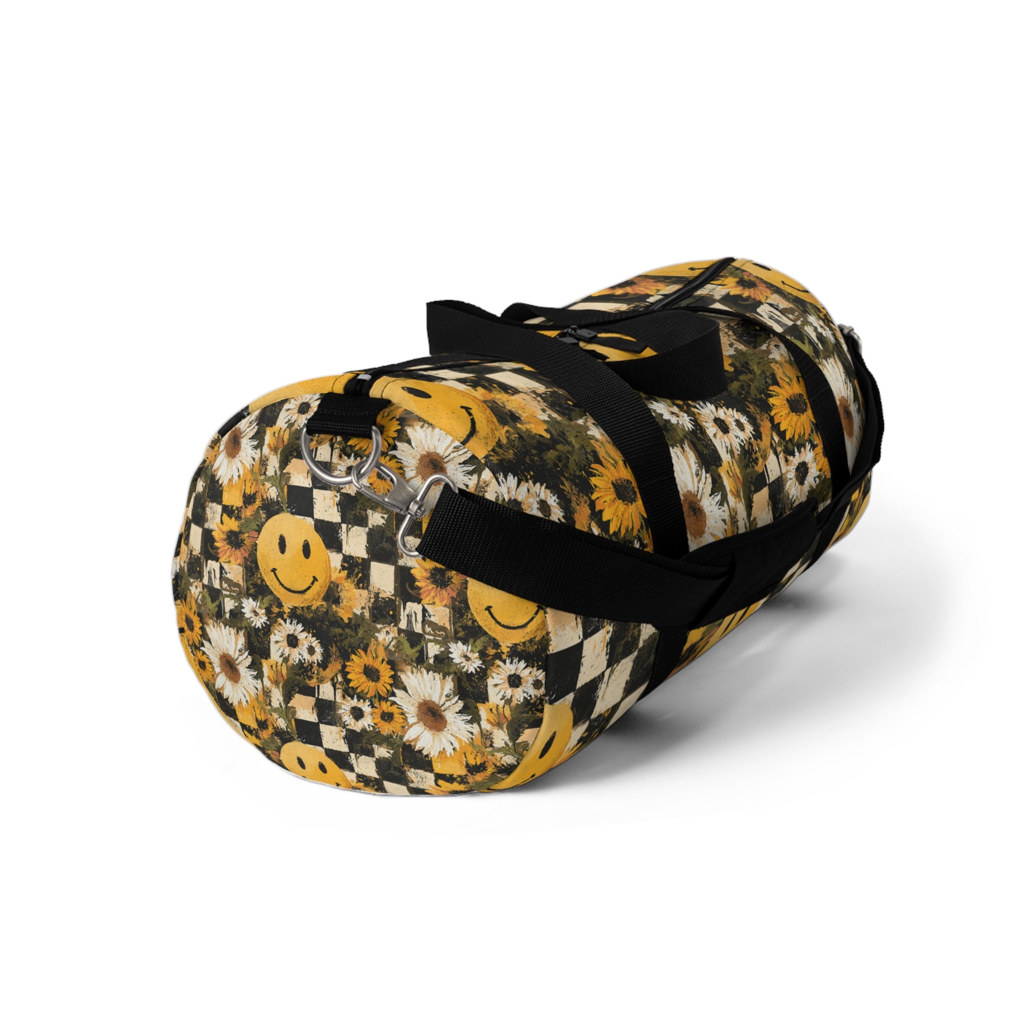 Smiley Face x Checkerboard x Sunflowers x Trippy x Vintage II Black and Yellow Duffel Bag, Artsulli - Art is Long, Life is Short, Bags, , , , , , , 