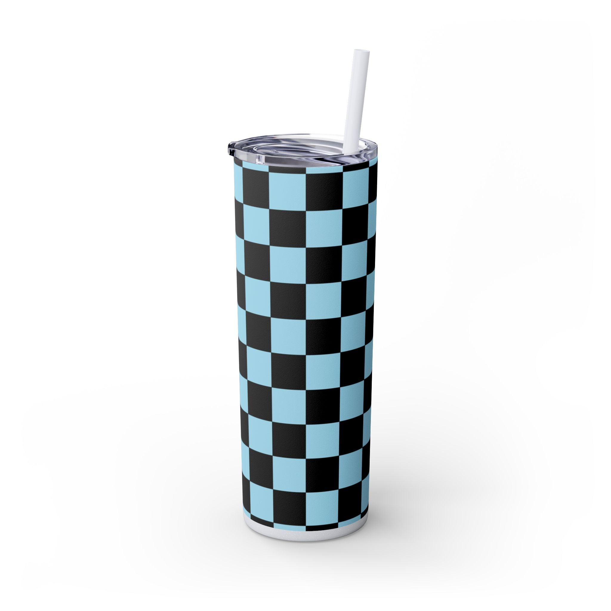 Checkerboard Black and Blue Skinny Tumbler with Straw, 20oz, Artsulli - Art is Long, Life is Short, Mug, , , , , , , 