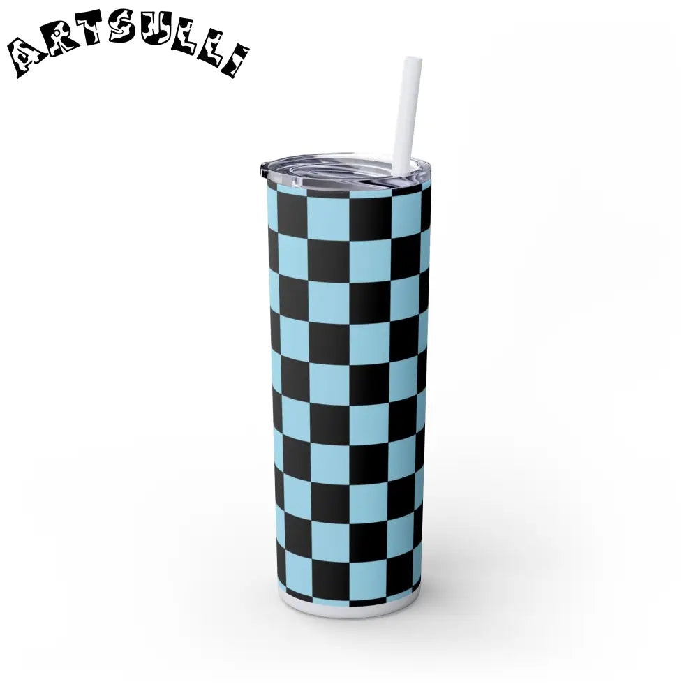 JAKKOUTTHEBXX Checkerboard Black and Blue Skinny Tumbler with Straw