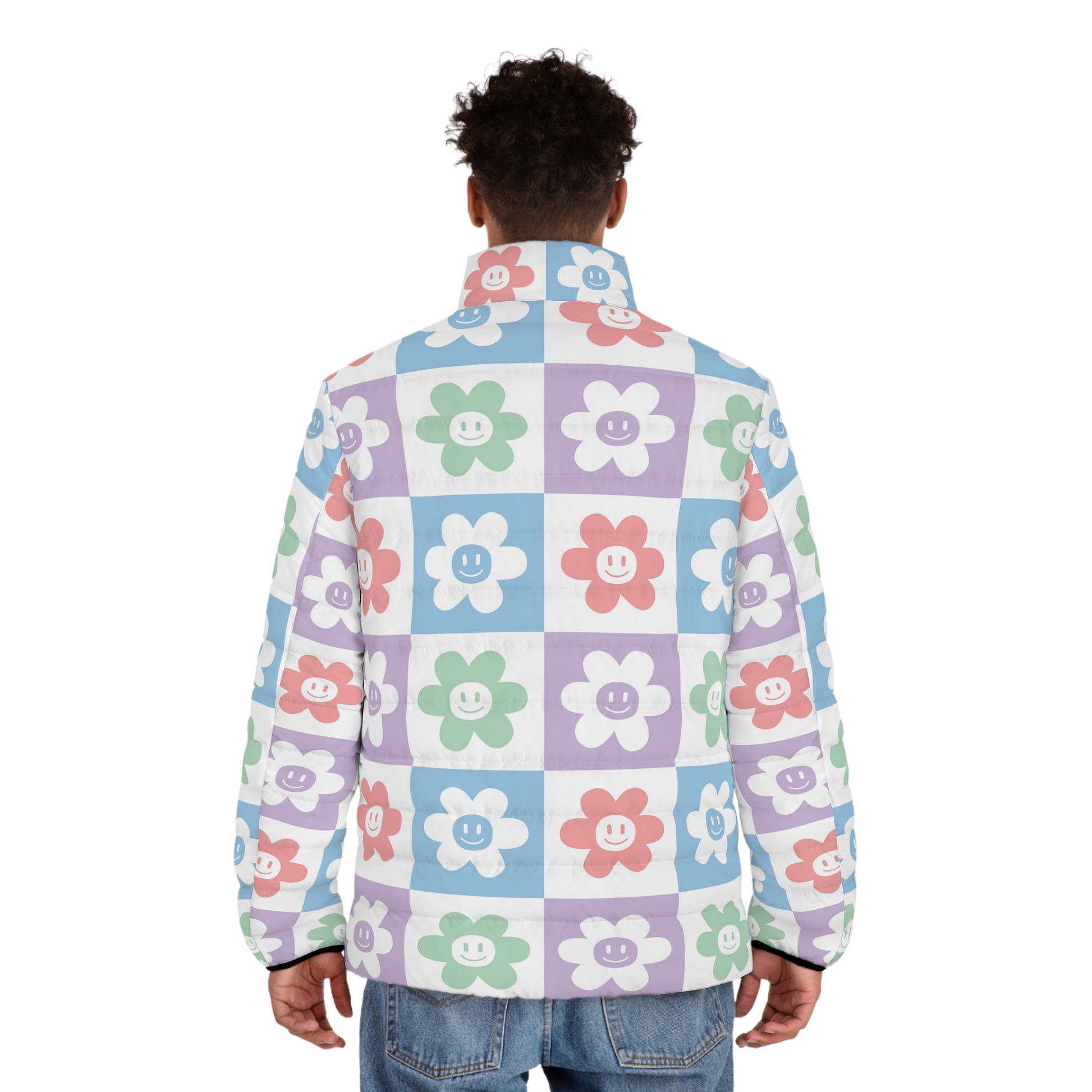 Chessboard x Smiley Face Flowers Multi-Color Men's Puffer Jacket (AOP), Artsulli - Art is Long, Life is Short, All Over Prints, , , , , , , 