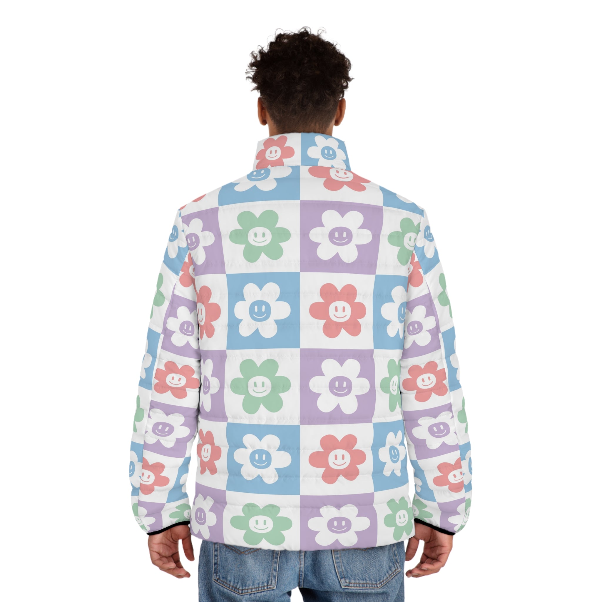 Chessboard x Smiley Face Flowers Multi-Color Men's Puffer Jacket (AOP), Artsulli - Art is Long, Life is Short, All Over Prints, , , , , , , 