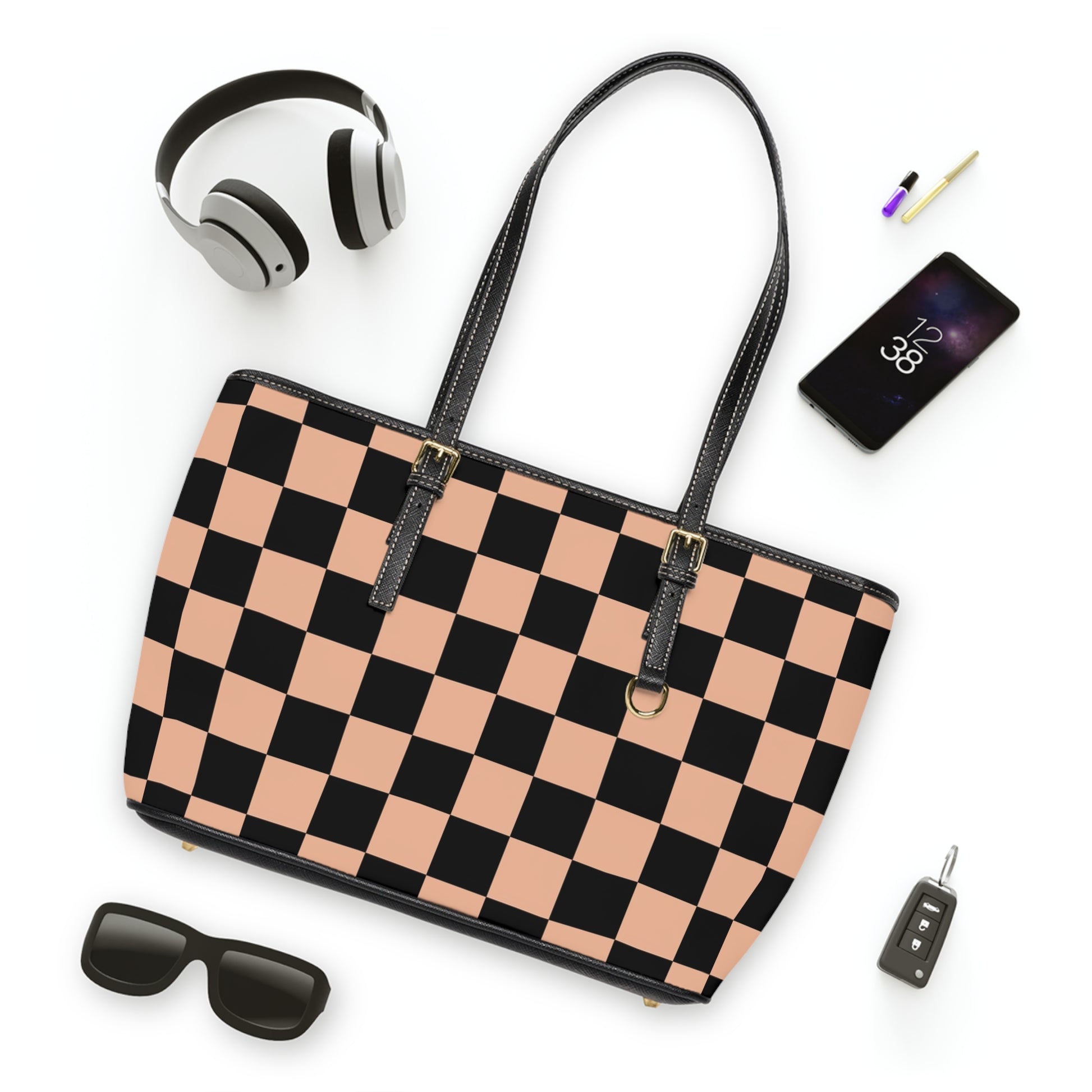 Checkerboard Soft Orange and Black PU Leather Shoulder Bag, Artsulli - Art is Long, Life is Short, Bags, , , , , , , 