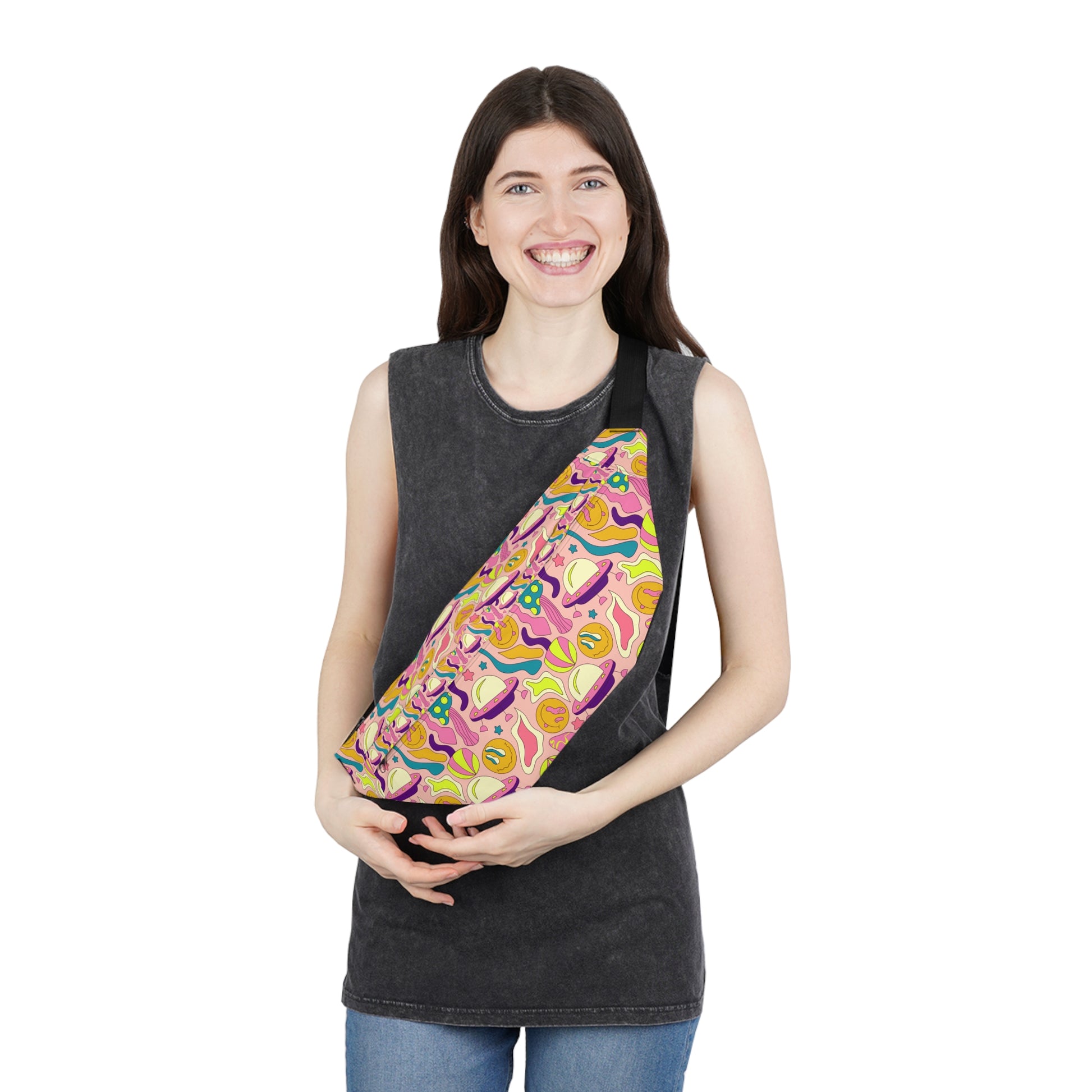 Trippy Spaceships Pink Large Fanny Pack, Artsulli - Art is Long, Life is Short, Bags, , , , , , , 