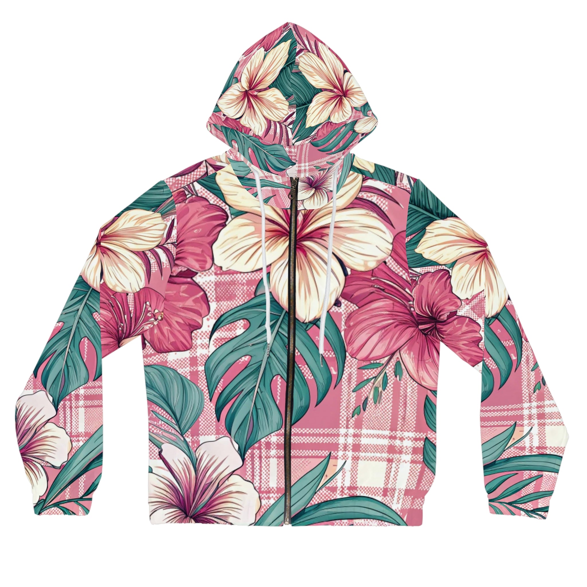Plaid x Floral Burgundy and Green Women’s Full-Zip Hoodie (AOP), Artsulli - Art is Long, Life is Short, All Over Prints, Size, XS, Color, White, , , 95095753587714