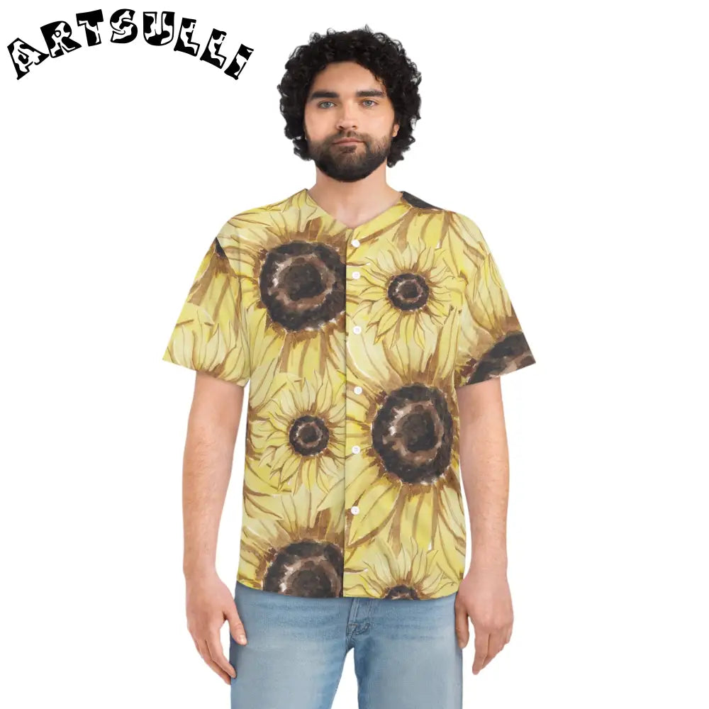 JAKKOUTTHEBXX Retro Anime Sunflower Men’s Baseball Jersey (AOP)