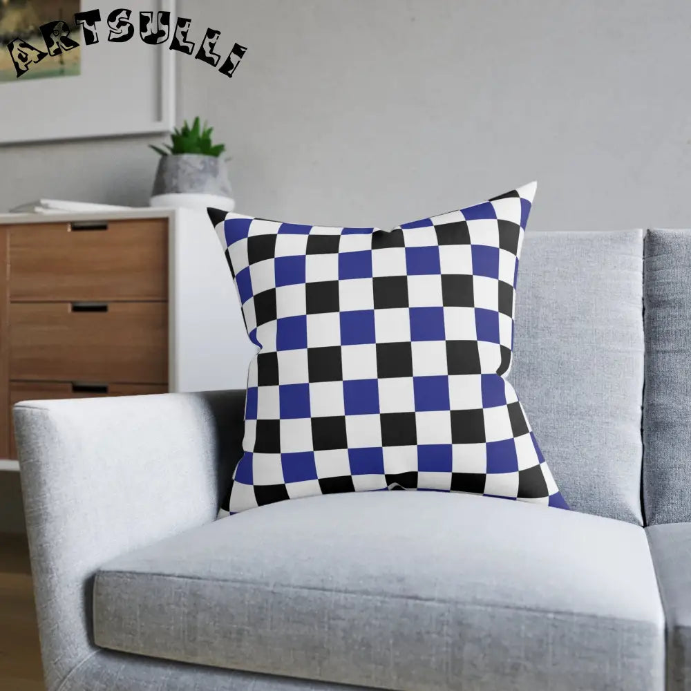 JAKKOUTTHEBXX Checkerboard Blue White and Black Square Pillow