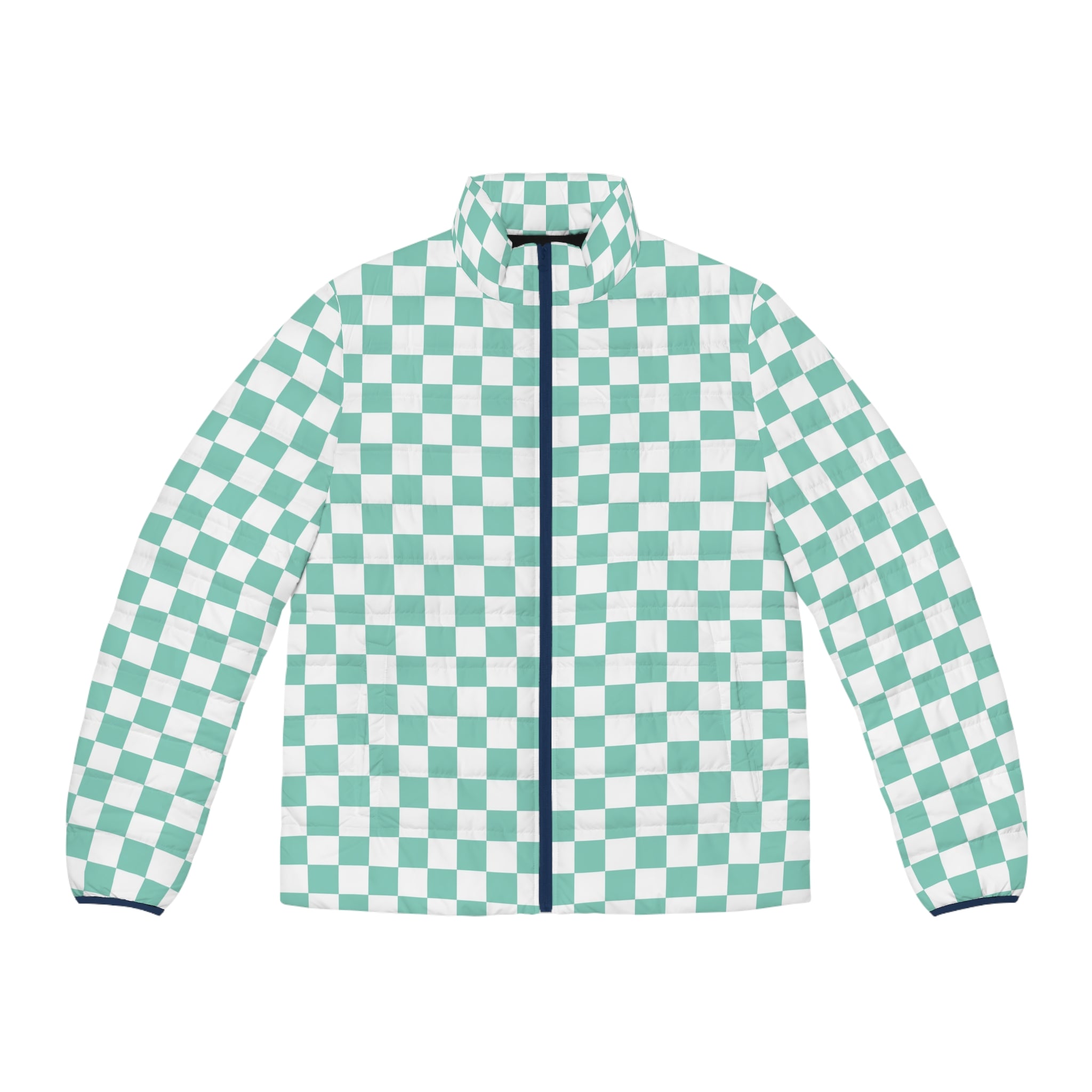 Checkerboard Light Green Men's Puffer Jacket (AOP), Artsulli - Art is Long, Life is Short, All Over Prints, Size, S, Color, Dark blue zipper, , , 23192585656240917762