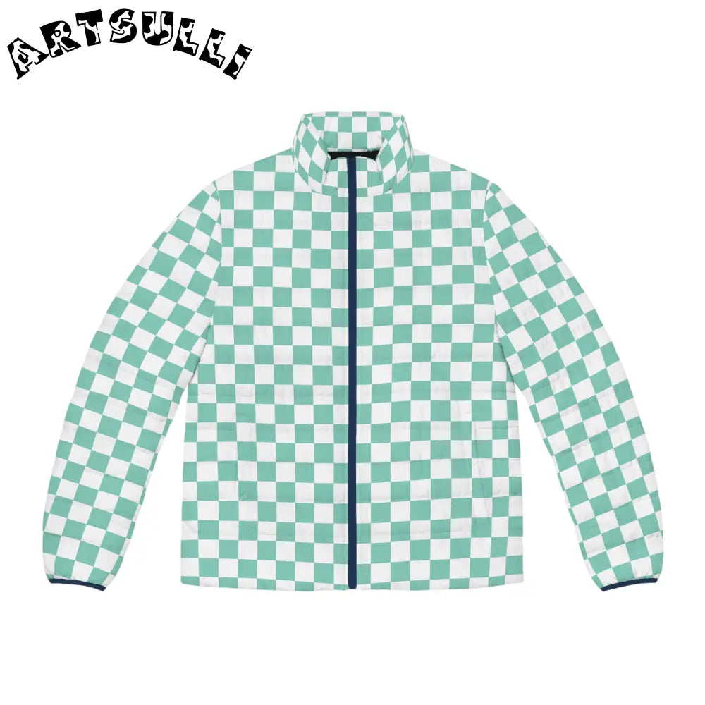 JAKKOUTTHEBXX Checkerboard Light Green Men’s Puffer Jacket (AOP)