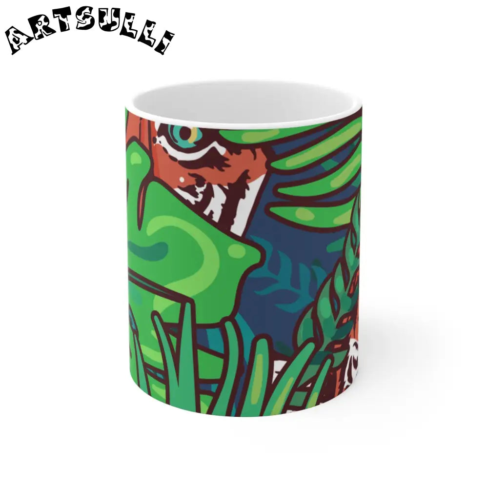 JAKKOUTTHEBXX Tropical Jungle Tigers Blue and Green Mug 11oz