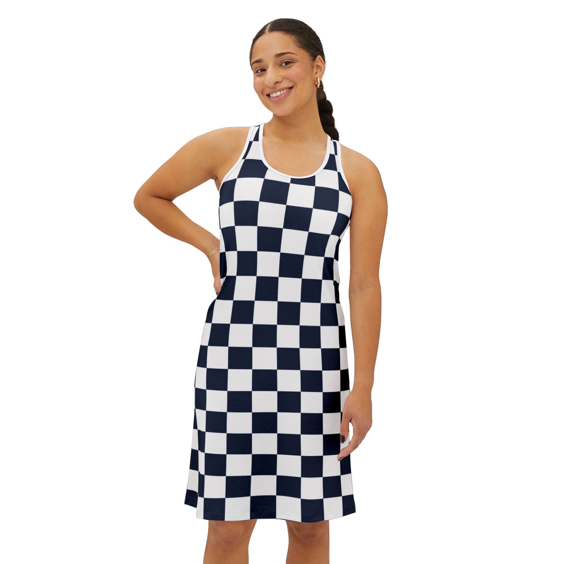 Checkerboard White and Navy Blue Women's Racerback Dress (AOP), Artsulli - Art is Long, Life is Short, Tank Top, , , , , , , 