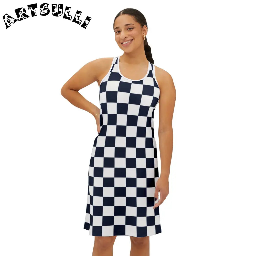 JAKKOUTTHEBXX Checkerboard White and Navy Blue Women’s Racerback