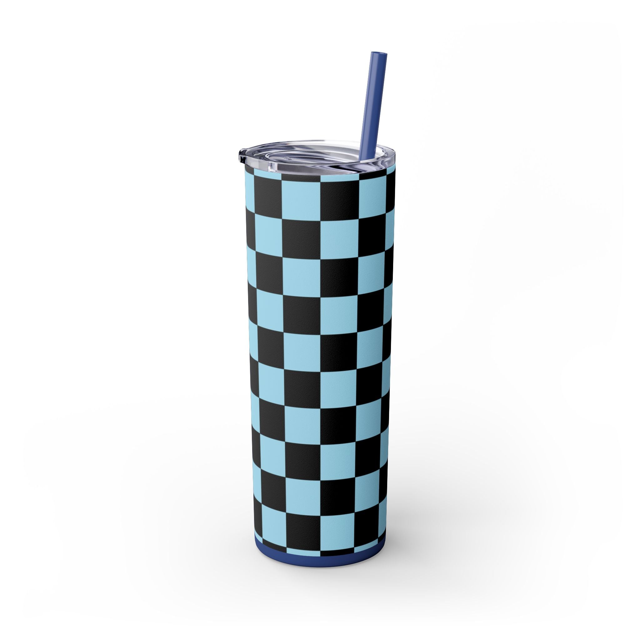 Checkerboard Black and Blue Skinny Tumbler with Straw, 20oz, Artsulli - Art is Long, Life is Short, Mug, , , , , , , 